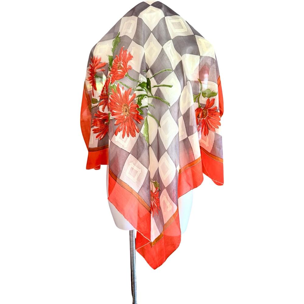 Vintage Pure Silk Hand Rolled Scarf Red Gerbera Daisy Harlequin Print 35" - Picture 6 of 11